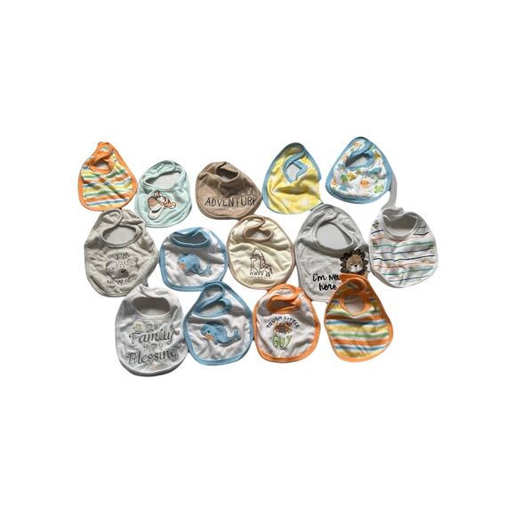 Lot Baby Boy Bibs Feeding Drool 14 total - Whales, Lion, Giraffes, Dots,etc 354 - Picture 1 of 6